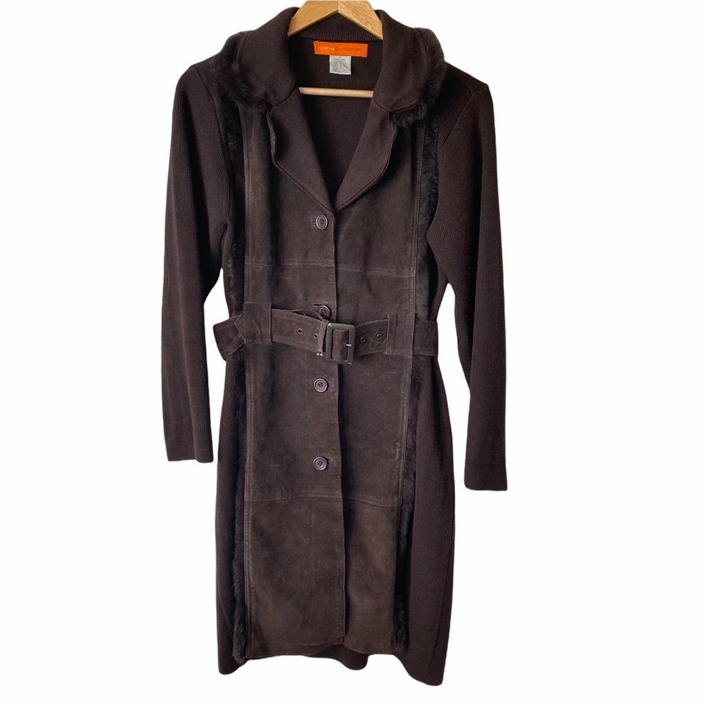 Vintage Brown Suede Sweater Coat Fur Collar Trench Coat M - Picture 3 of 13